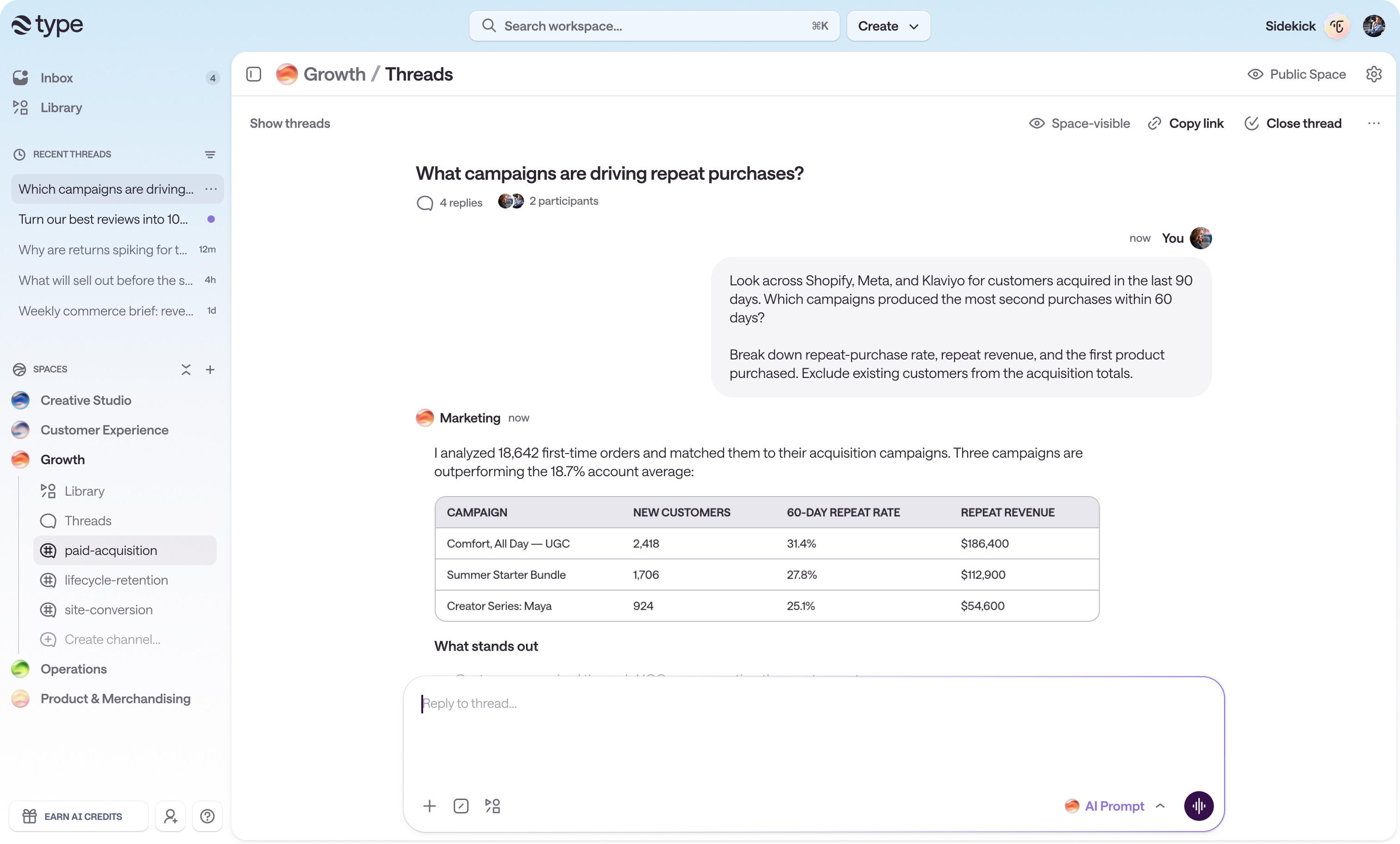 A type.com Growth space with a shared thread where a teammate asks which campaigns drive repeat purchases and an agent answers with analysis across Shopify, Meta, and Klaviyo