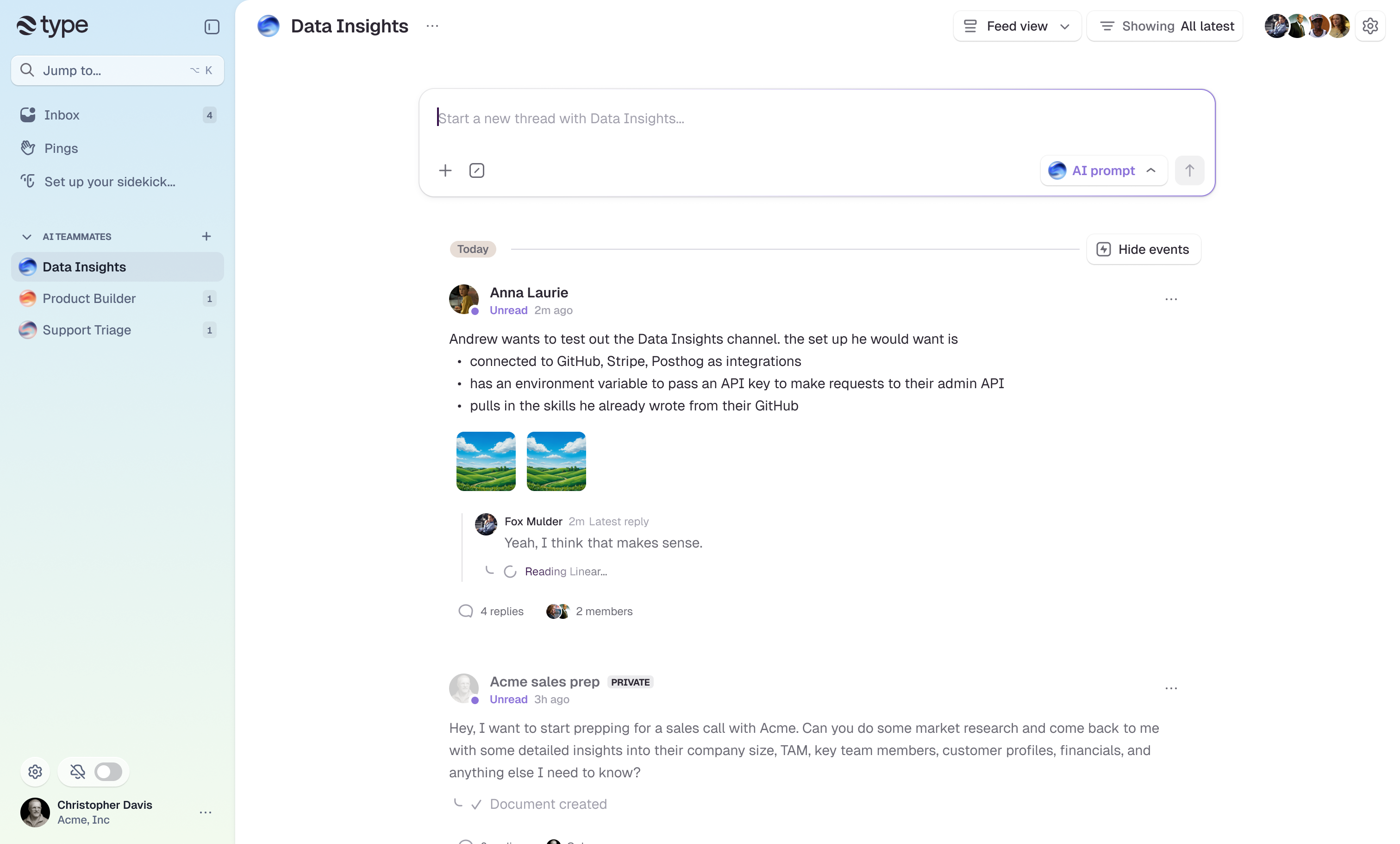 The type.com workspace running in a browser with Data Insights, Product Builder, and Support Triage listed as AI teammates in the sidebar