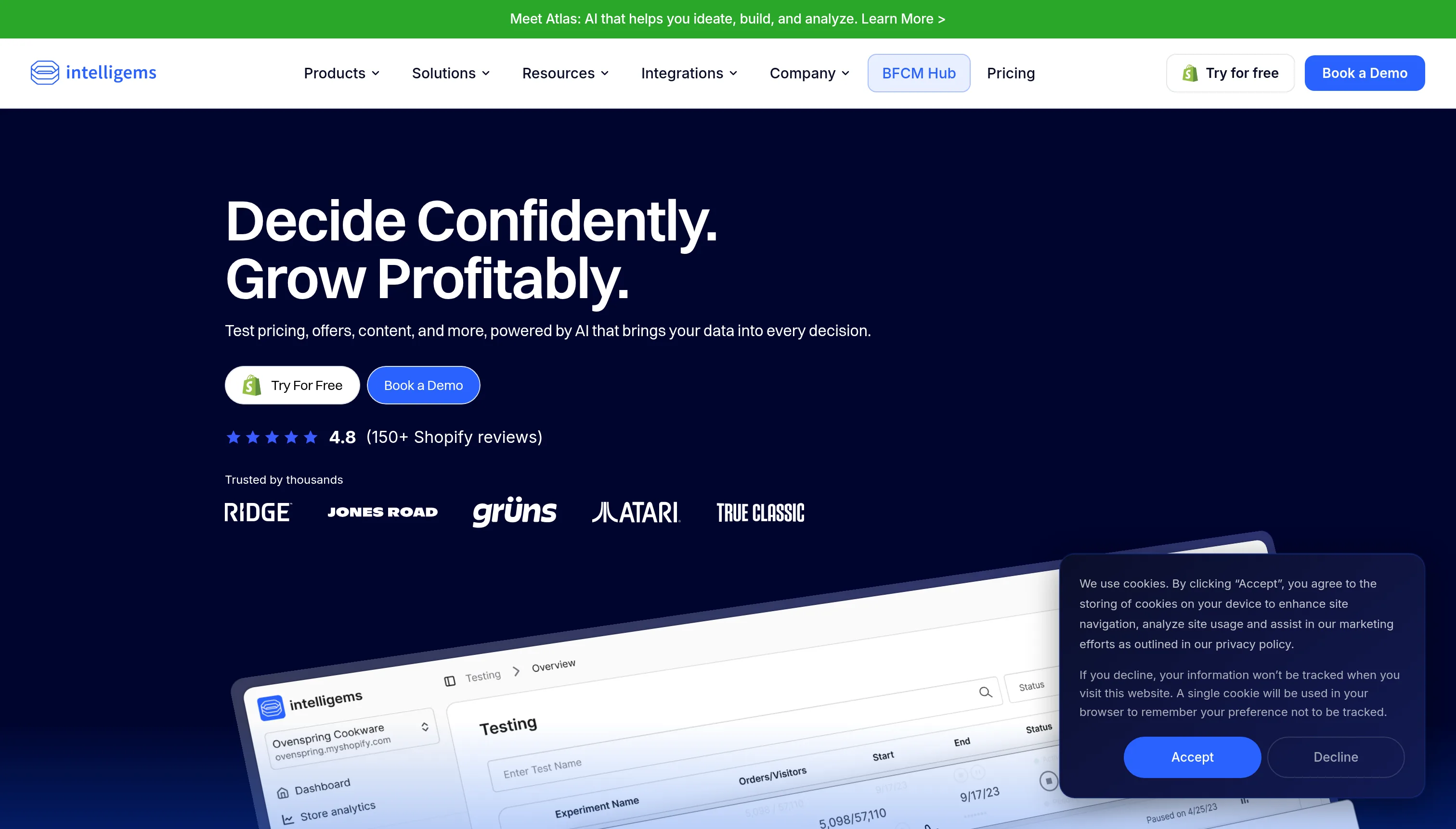 Intelligems homepage for its e-commerce experimentation platform