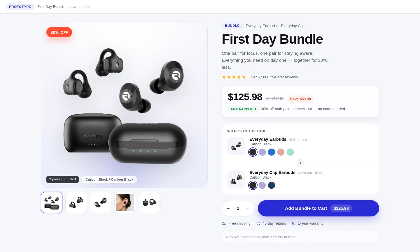 Raycon First Day Bundle landing-page prototype