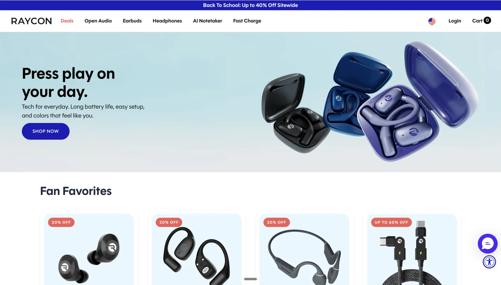 Raycon homepage featuring its wireless audio products