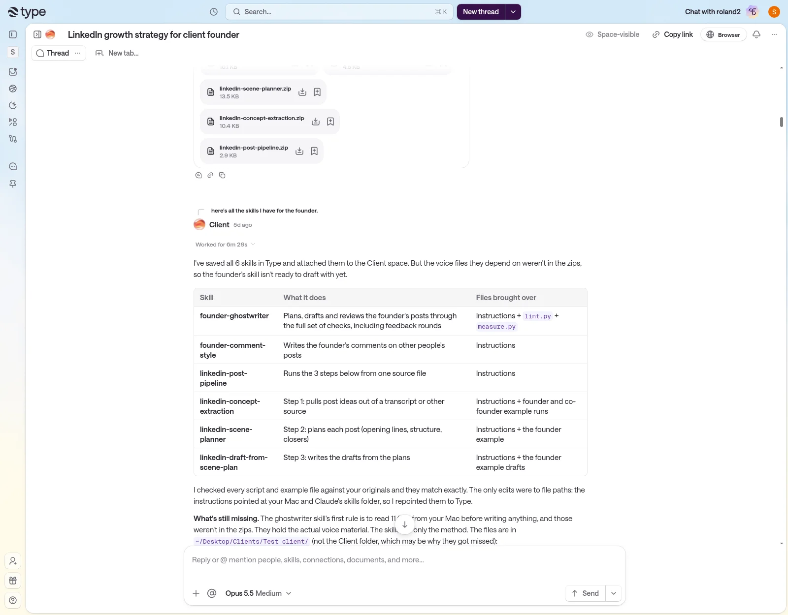 type.com lists six LinkedIn skills imported from Claude Code zip files into a client space, with what each skill does