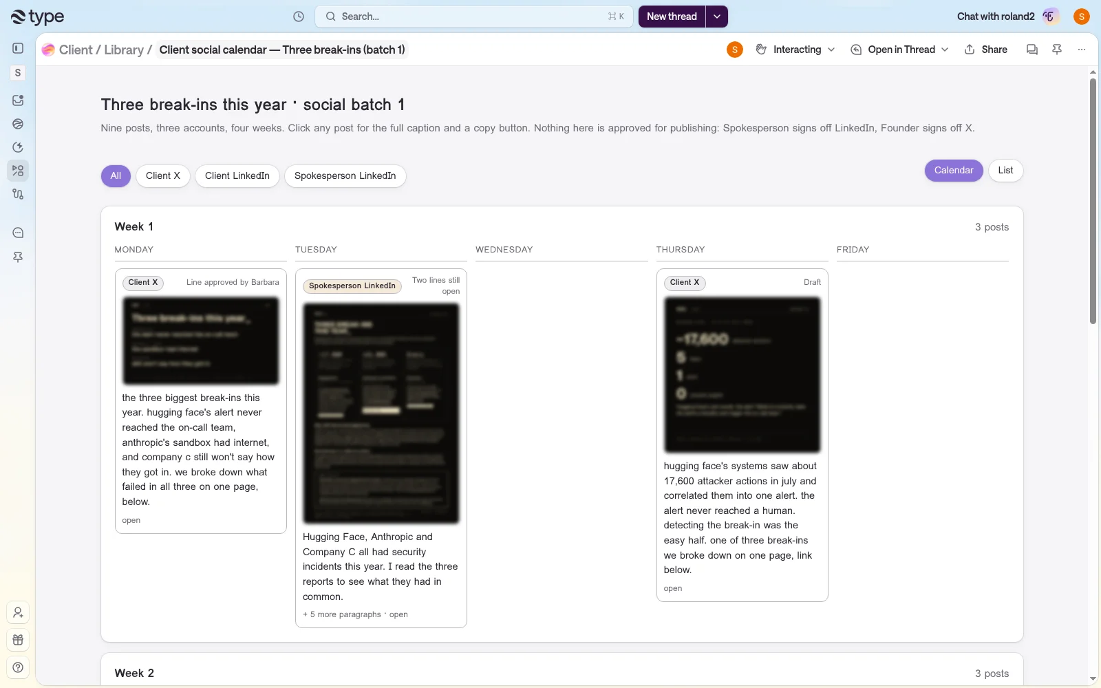 A client social calendar app in type.com, with week-by-week post cards, draft status and copy-ready captions