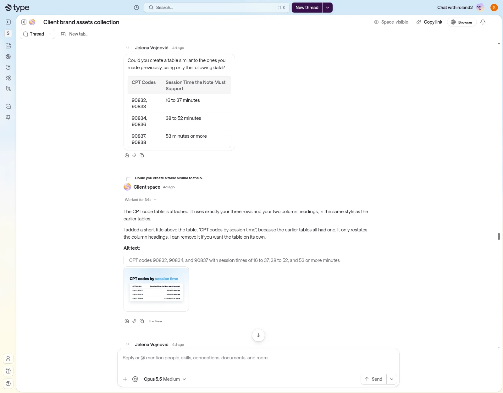 Jelena asks type.com for an on-brand table in a client thread, and type.com returns the finished table with alt text