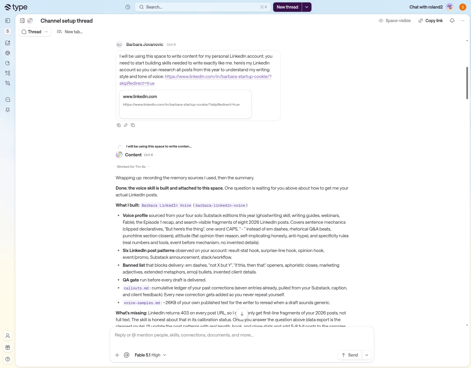 Barbara asks type.com to build a skill that writes exactly like her, and type.com summarizes the voice profile, banned list and corrections ledger it built