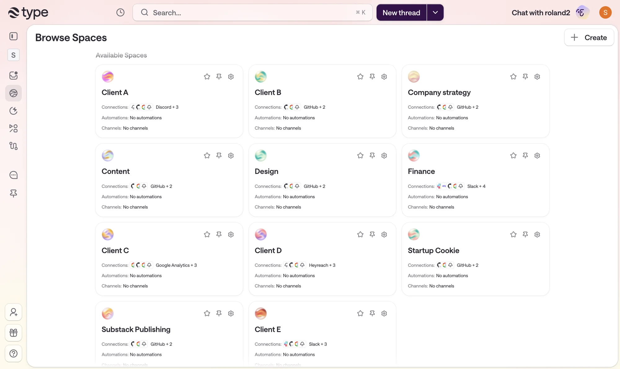 Browse Spaces in StartupCookie's type.com workspace: one space per client, plus Content, Design, Finance and Substack Publishing