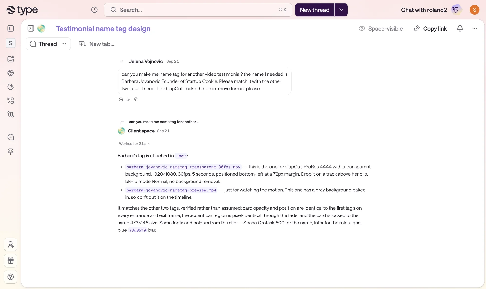 A type.com thread where Jelena requests a testimonial name tag and type.com delivers a transparent ProRes .mov for CapCut