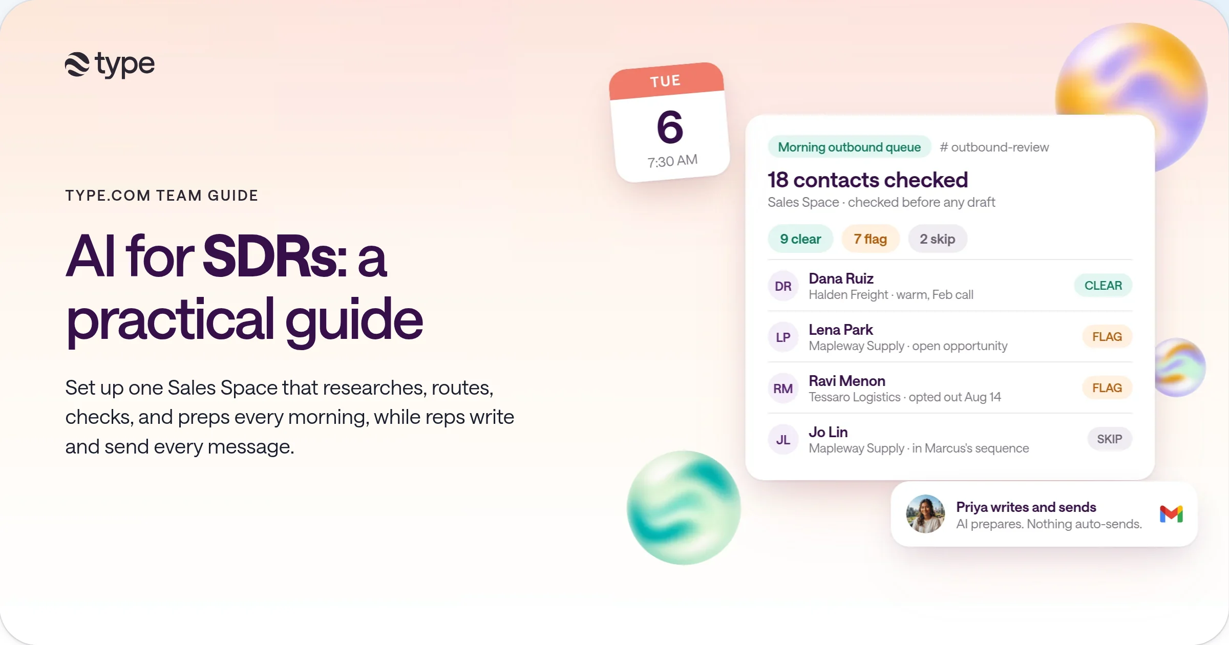 The AI for SDRs guide cover: a morning outbound queue for Tuesday, Oct 6 at 7:30 AM with 18 contacts checked, 9 clear, 7 flagged, and 2 skipped, next to a note that the SDR writes and sends every email.