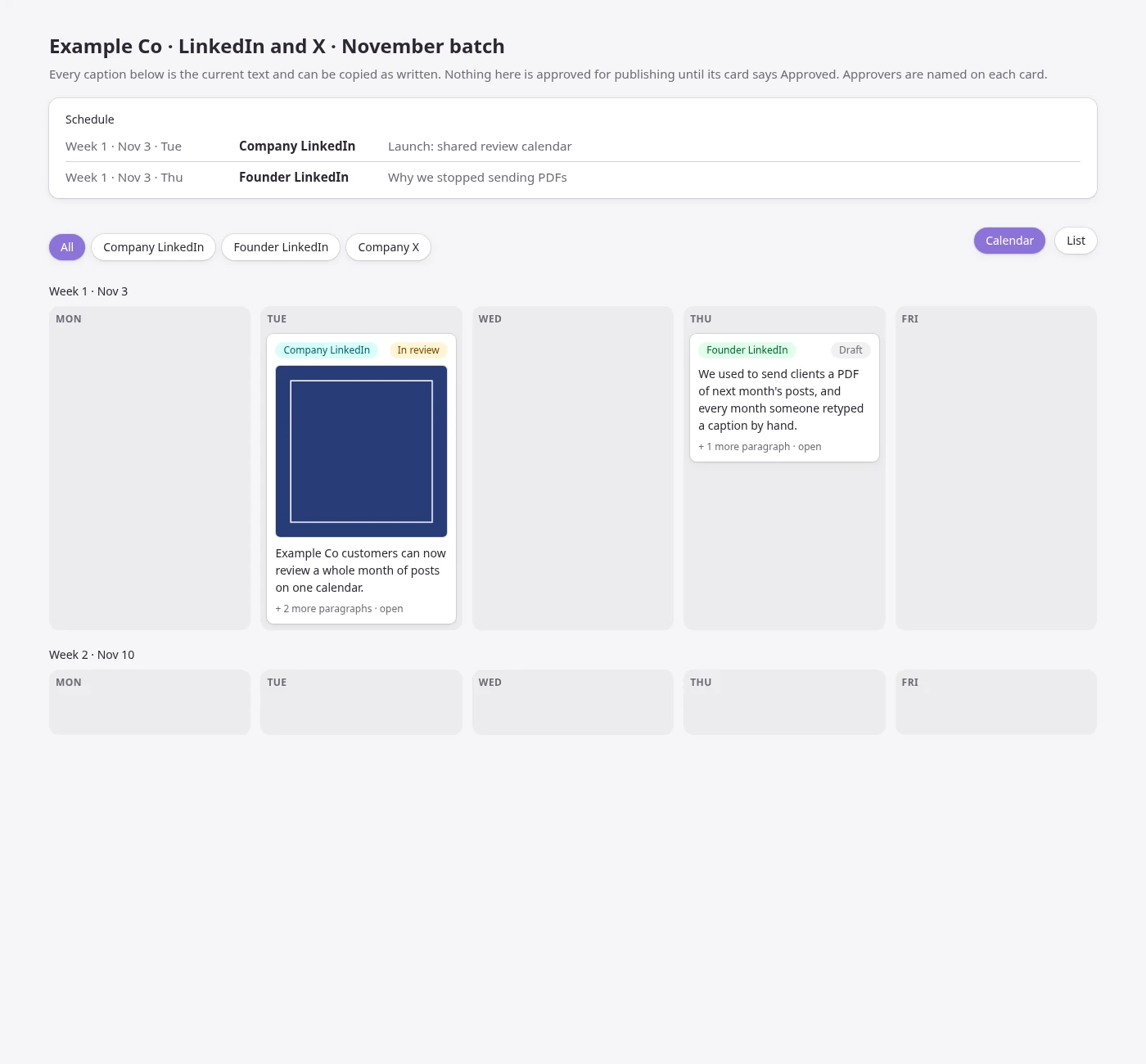 Social Batch Review Calendar template for the fictional Example Co November batch: a weekly calendar of placeholder LinkedIn and X posts, each card showing the account, a status such as In review or Draft, and the first paragraph of the caption.