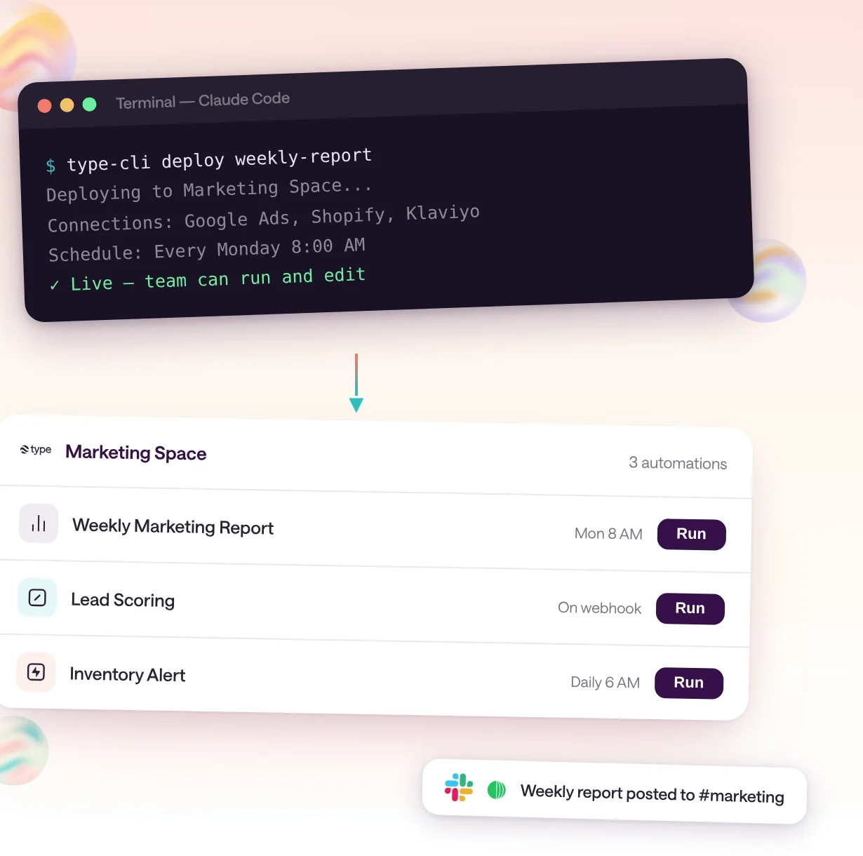 An engineer building an AI automation in Claude Code on the left, and a non-technical teammate running and editing it from type.com on the right, connected by a shared workspace.