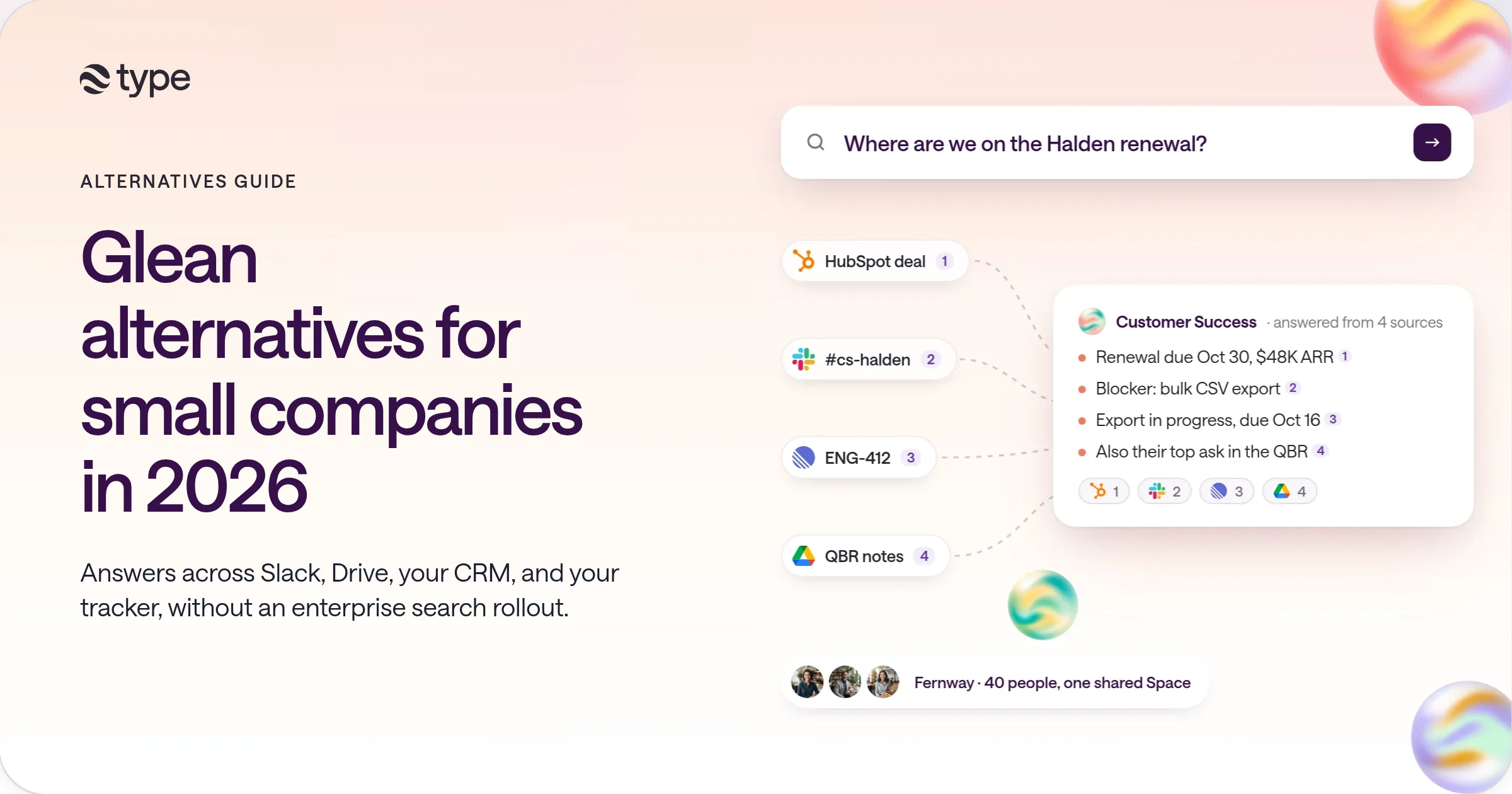 A search bar asking where the Halden renewal stands, with Slack, Google Drive, HubSpot, and Linear chips feeding one answer card with numbered sources, and three avatars for a small team.